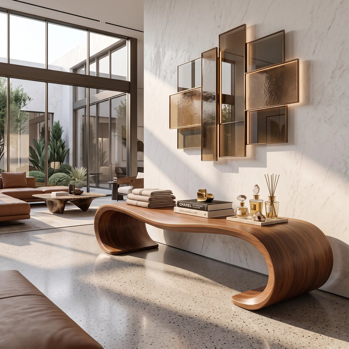 Sculptural Solid Wood Entryway Bench with Waterfall Loop Base