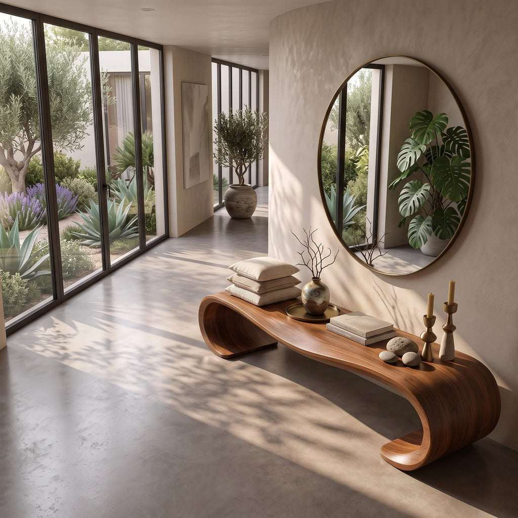 Sculptural Solid Wood Entryway Bench with Waterfall Loop Base