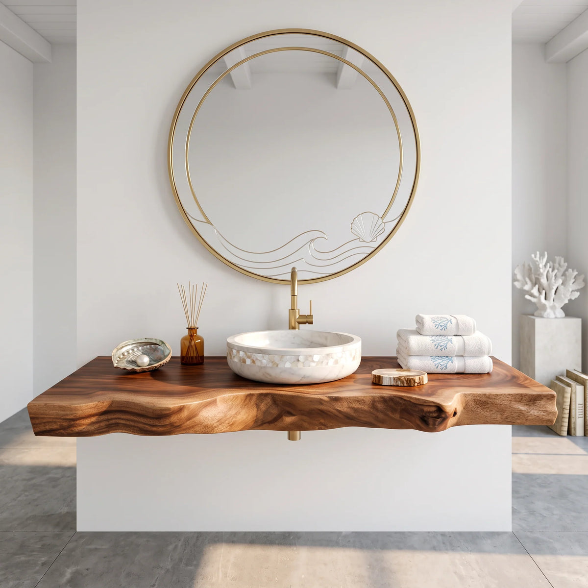 Solid Wood Floating Bathroom Vanity Shelf with Sculpted Live Edge – Modern Wall-Mounted Bathroom Storage