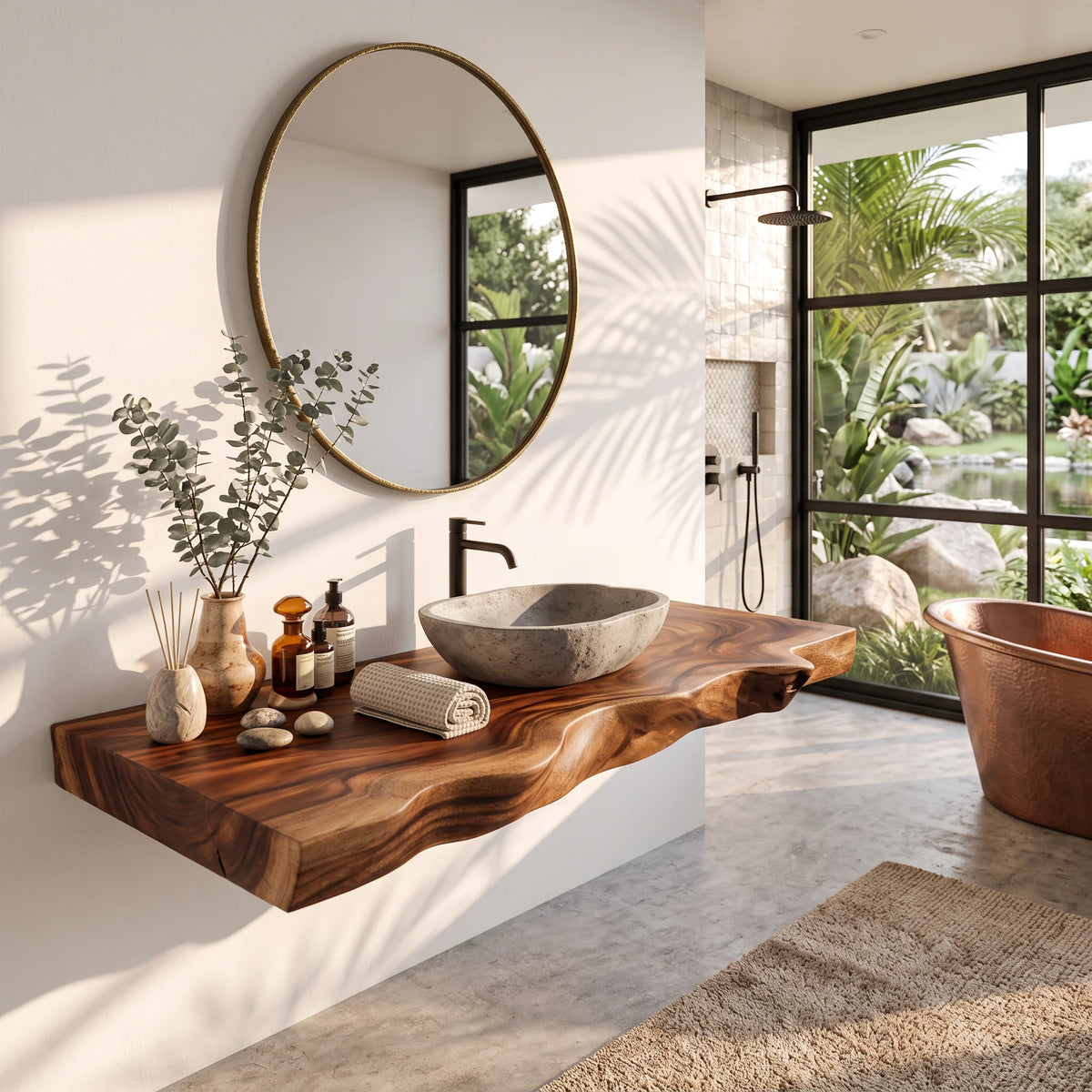 Solid Wood Floating Bathroom Vanity Shelf with Sculpted Live Edge – Modern Wall-Mounted Bathroom Storage