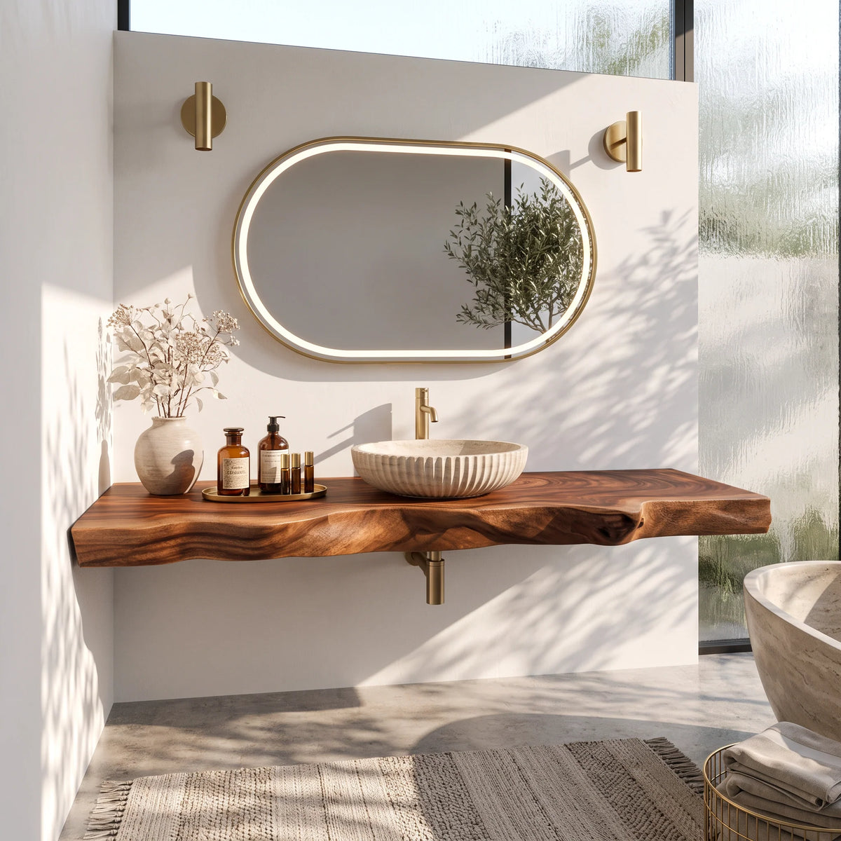 Solid Wood Floating Bathroom Vanity Shelf with Sculpted Live Edge – Modern Wall-Mounted Bathroom Storage