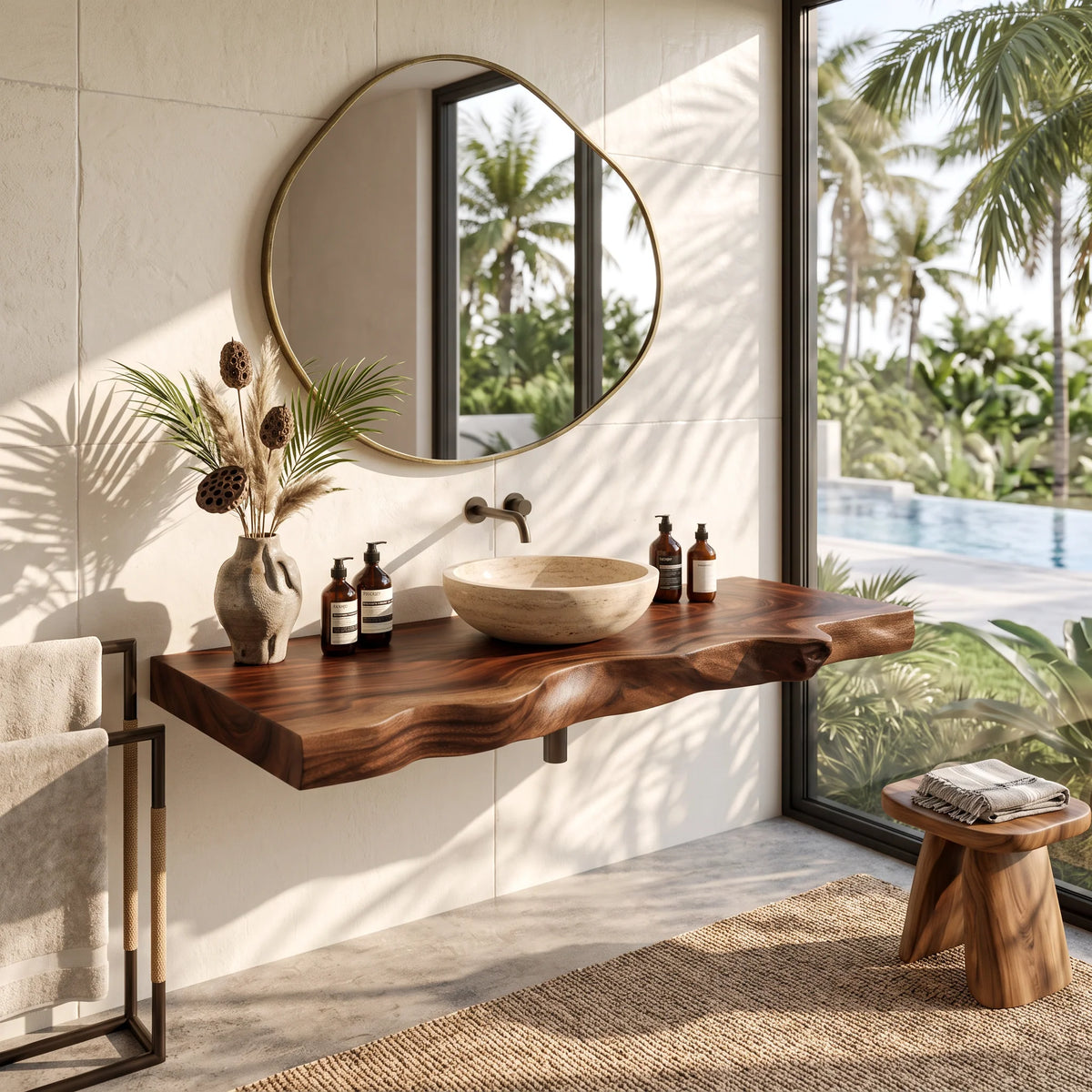 Solid Wood Floating Bathroom Vanity Shelf with Sculpted Live Edge – Modern Wall-Mounted Bathroom Storage