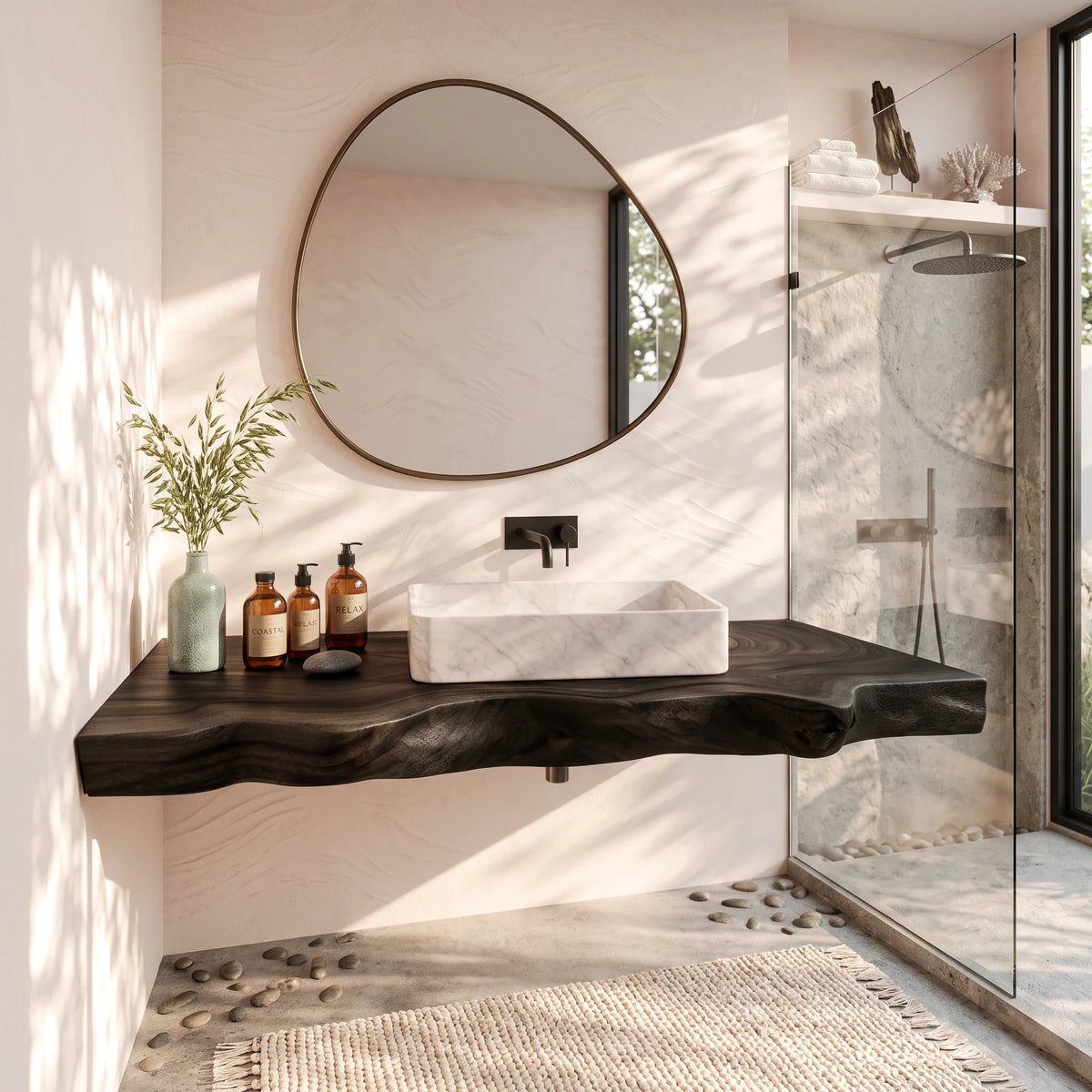 Solid Wood Floating Bathroom Vanity Shelf with Sculpted Live Edge – Modern Wall-Mounted Bathroom Storage