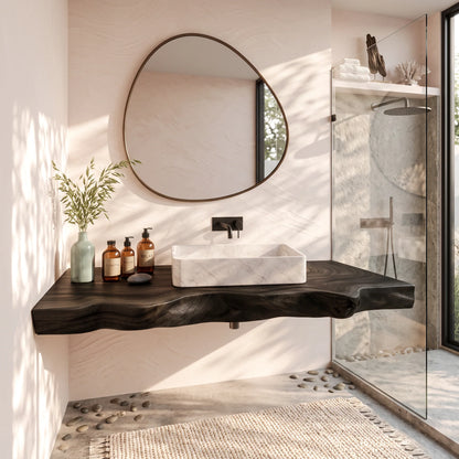 Solid Wood Floating Bathroom Vanity Shelf with Sculpted Live Edge – Modern Wall-Mounted Bathroom Storage