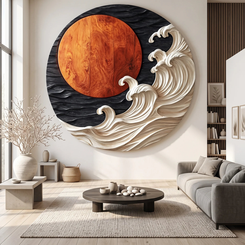 Round Solid Wood Wall Art with Sculptural Ocean Waves and Rising Sun