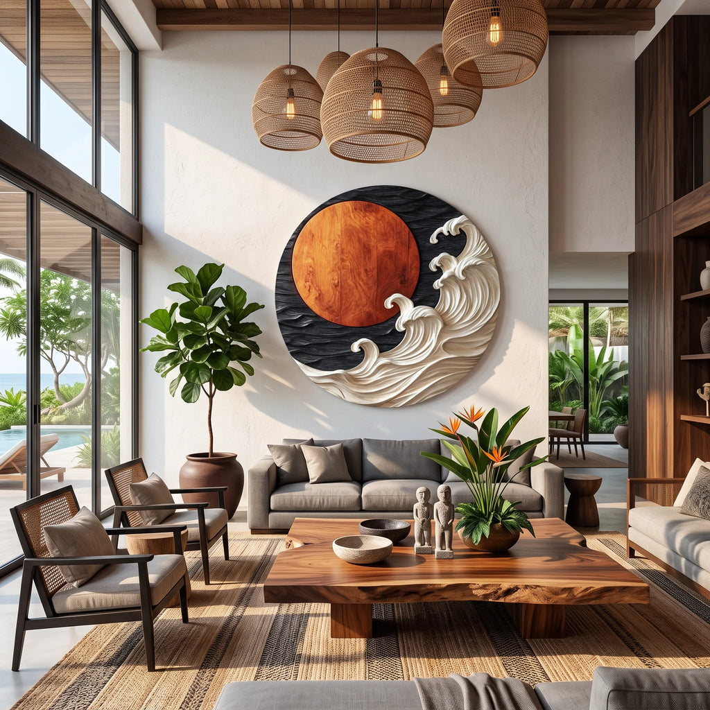 Round Solid Wood Wall Art with Sculptural Ocean Waves and Rising Sun