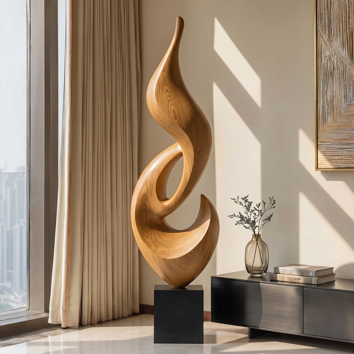 Tall Abstract Flame Sculpture in Solid Wood with Plinth Base – Modern Luxury Floor Décor