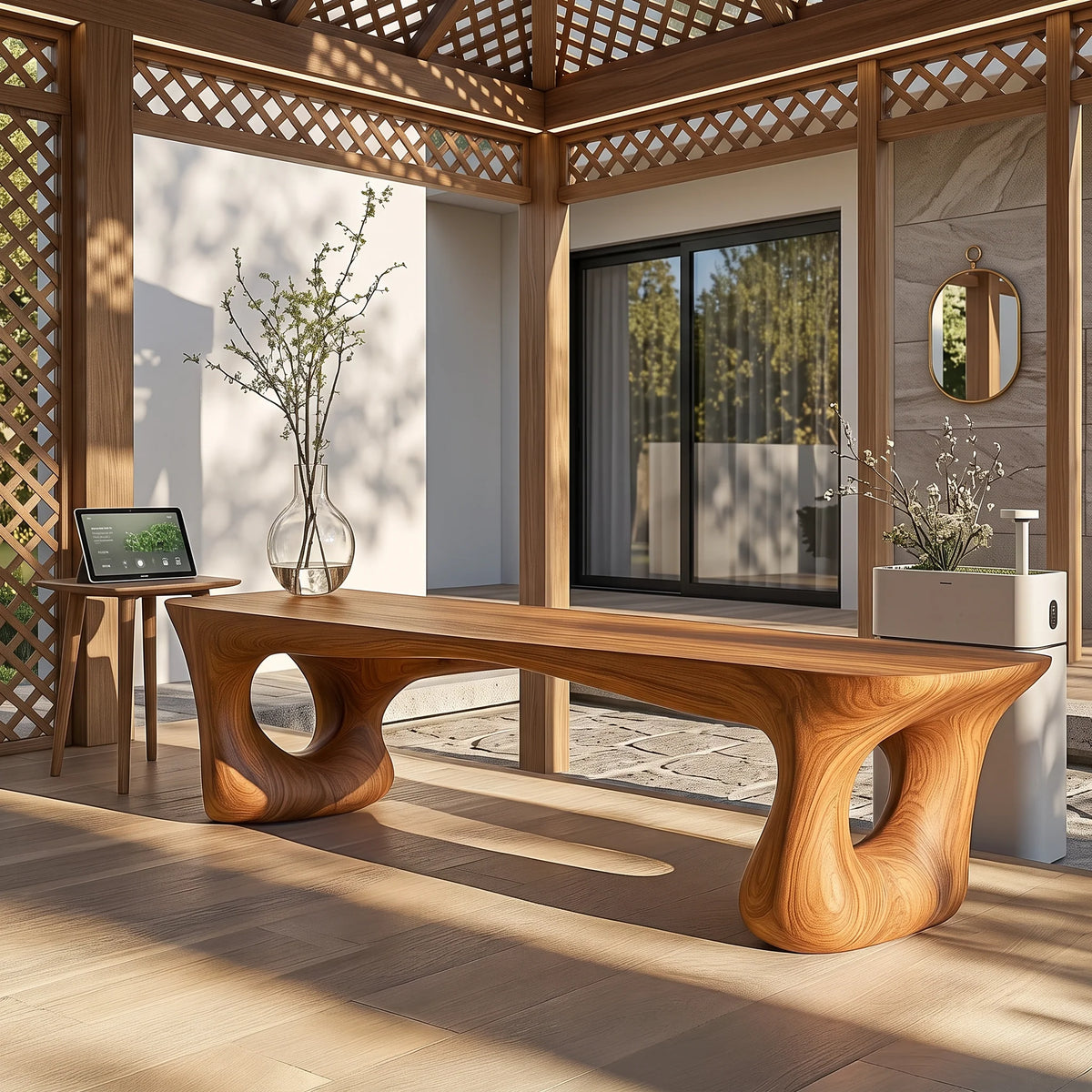 Sculptural Solid Wood Bench with Artistic Loop Base and Organic Live Edge Seat