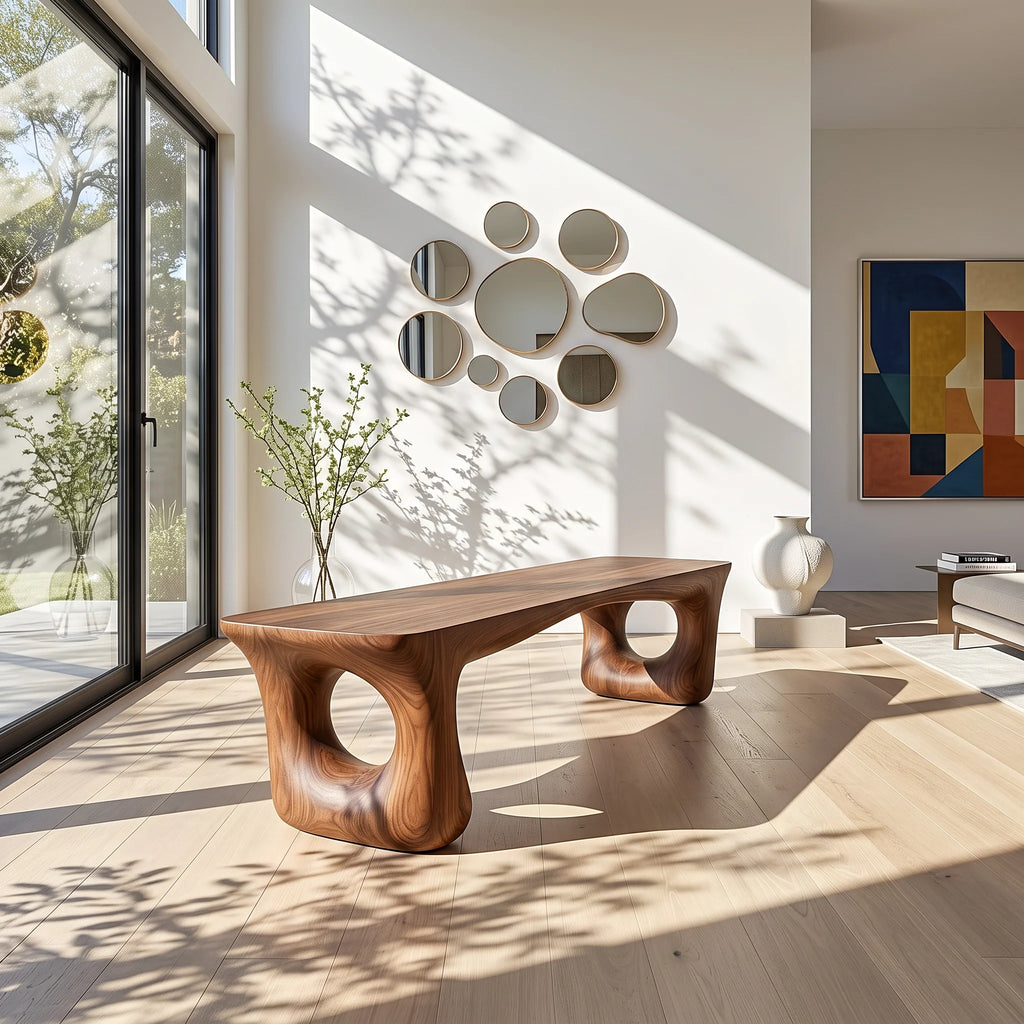 Sculptural Solid Wood Bench with Artistic Loop Base and Organic Live Edge Seat