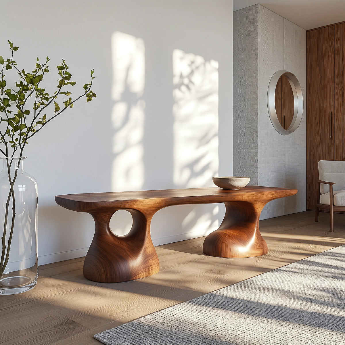 Sculptural Solid Wood Bench with Pedestal Base and Organic Live Edge Seat
