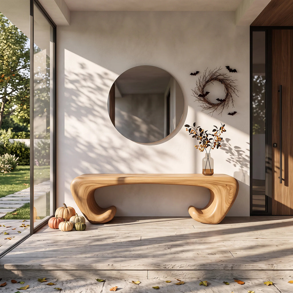 Sculptural Solid Wood Bench with Scroll Base and Flowing Organic Seat