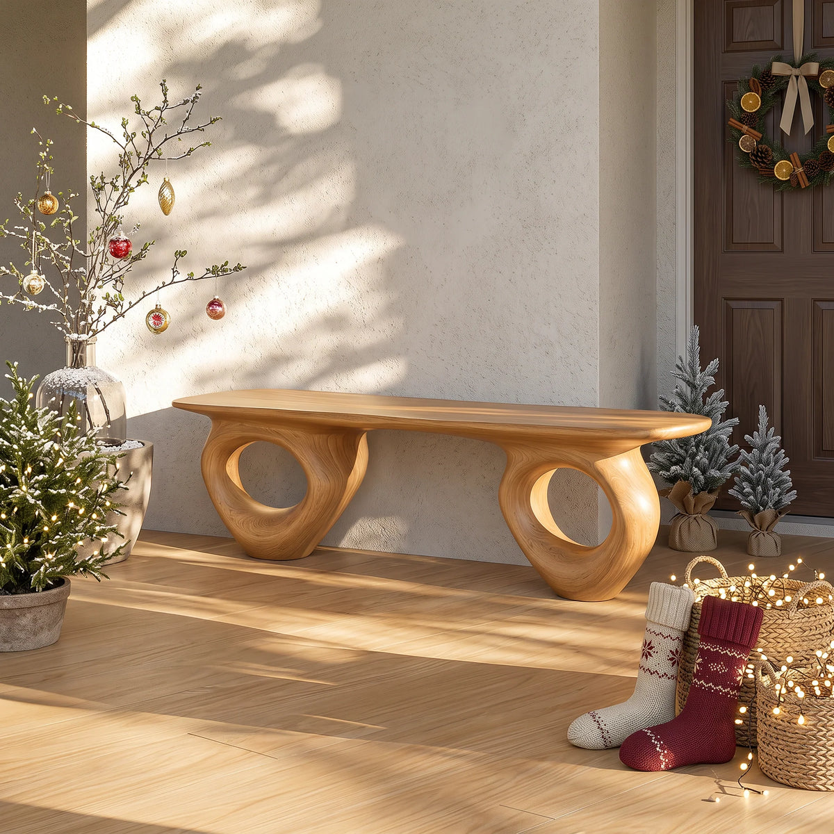 Organic Loop – Solid Wood Bench with Sculptural Ring Base and Live Edge Seat