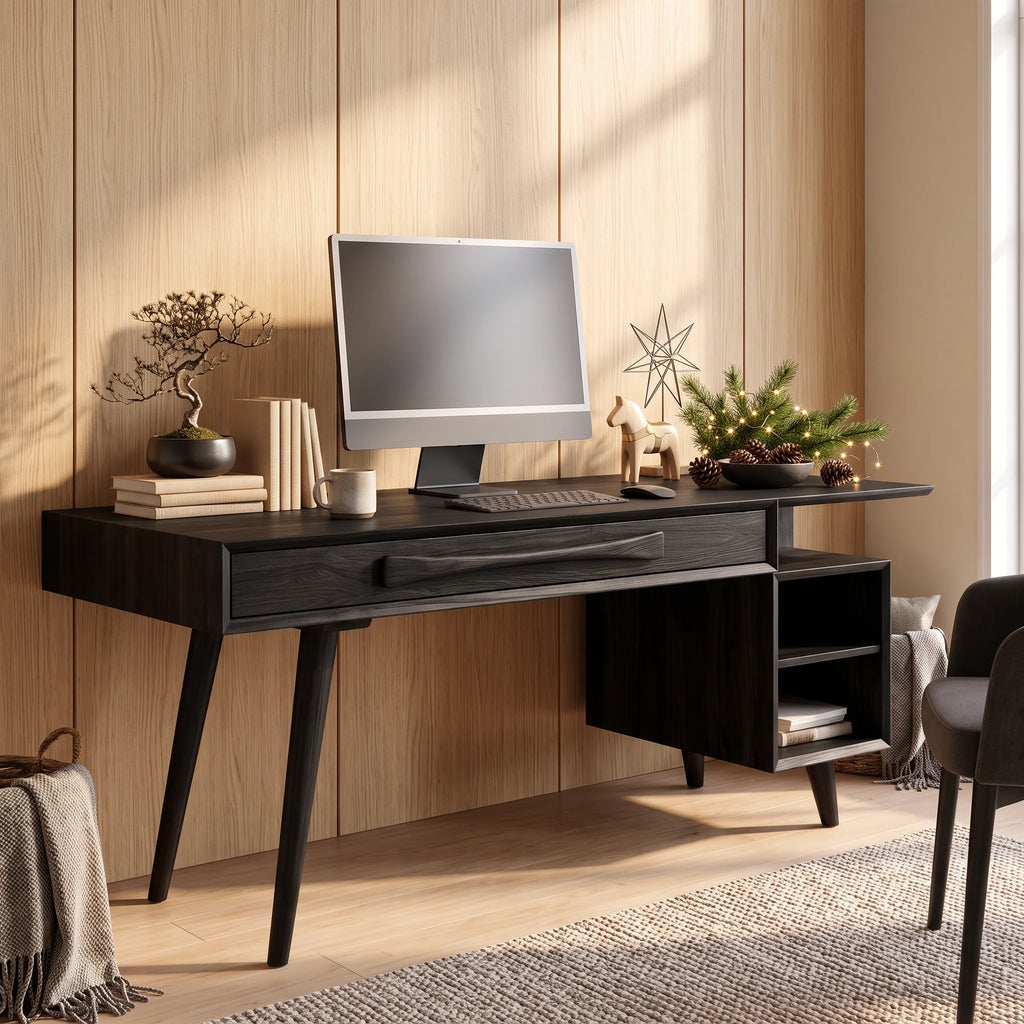 Modern Solid Wood Desk with Drawers and Open Shelf