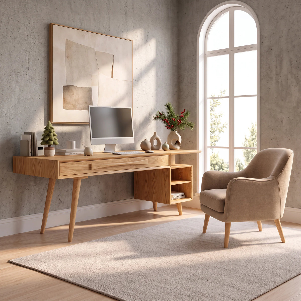Modern Solid Wood Desk with Drawers and Open Shelf