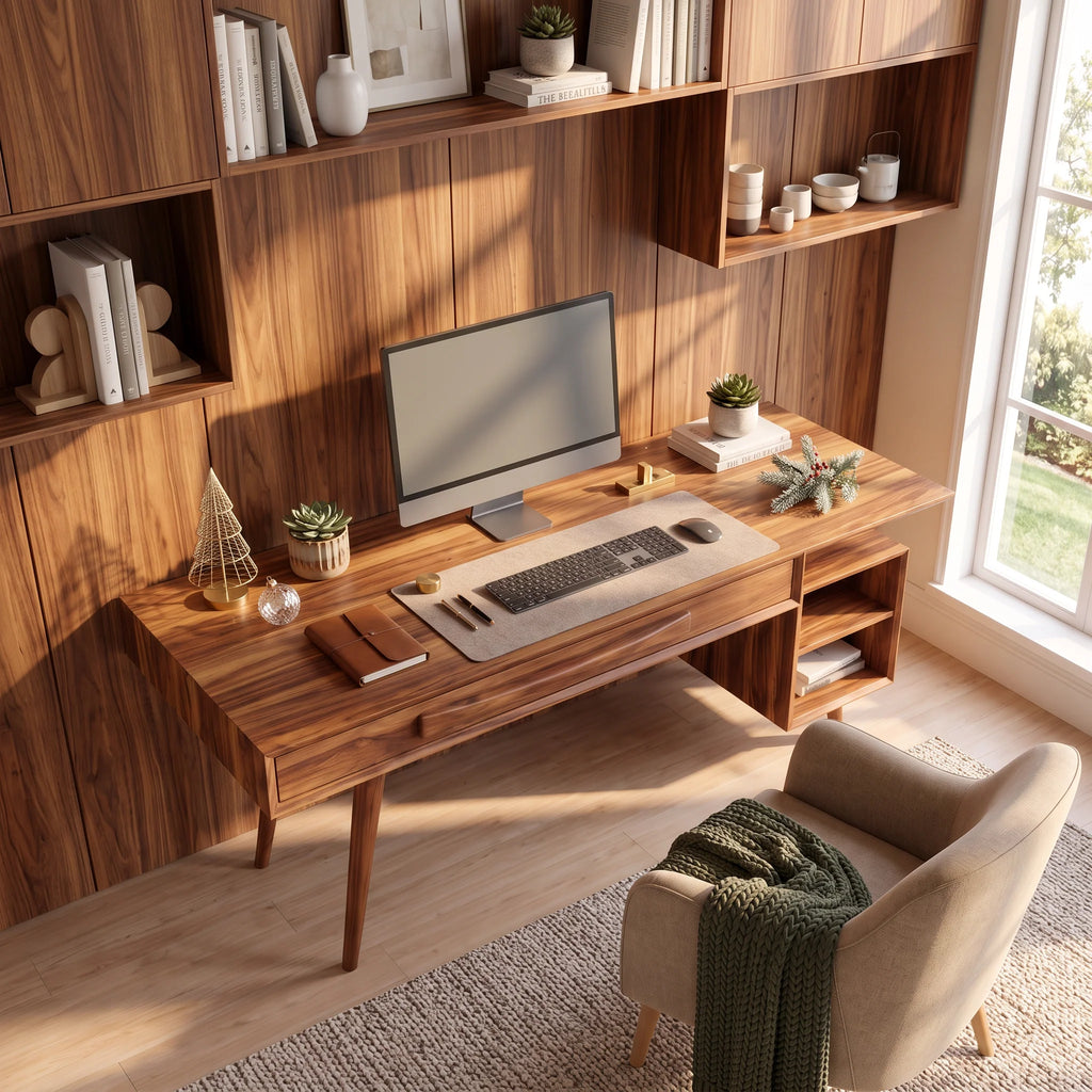 Modern Solid Wood Desk with Drawers and Open Shelf