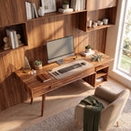 Modern Solid Wood Desk with Drawers and Open Shelf