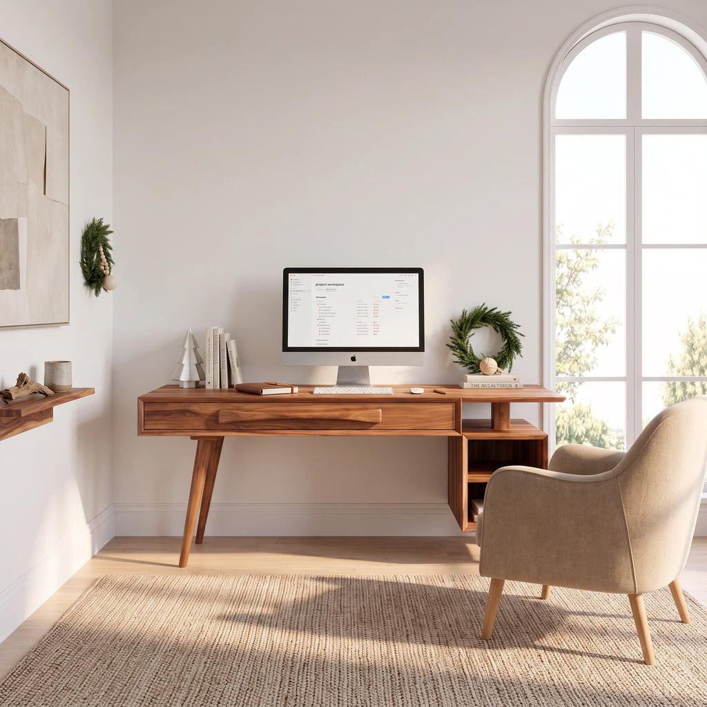 Modern Solid Wood Desk with Drawers and Open Shelf