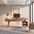 Modern Solid Wood Desk with Drawers and Open Shelf