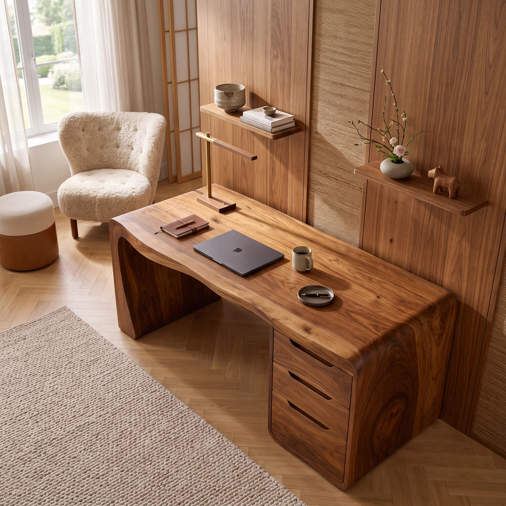 Organic Waterfall Solid Wood Desk with Three Drawers