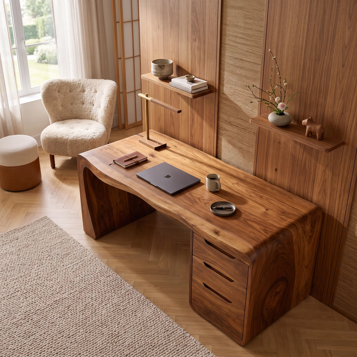 Organic Waterfall Solid Wood Desk with Three Drawers