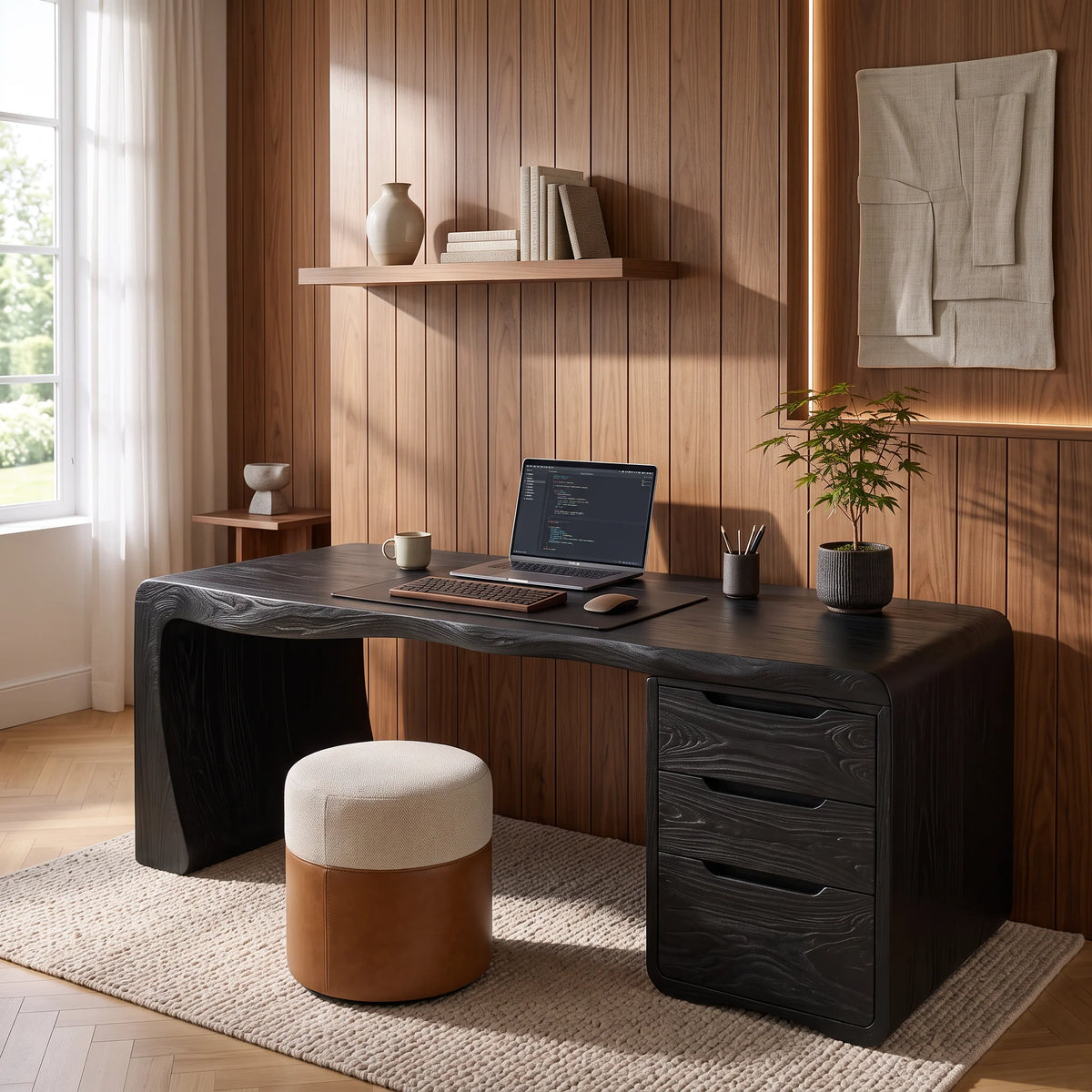 Organic Waterfall Solid Wood Desk with Three Drawers