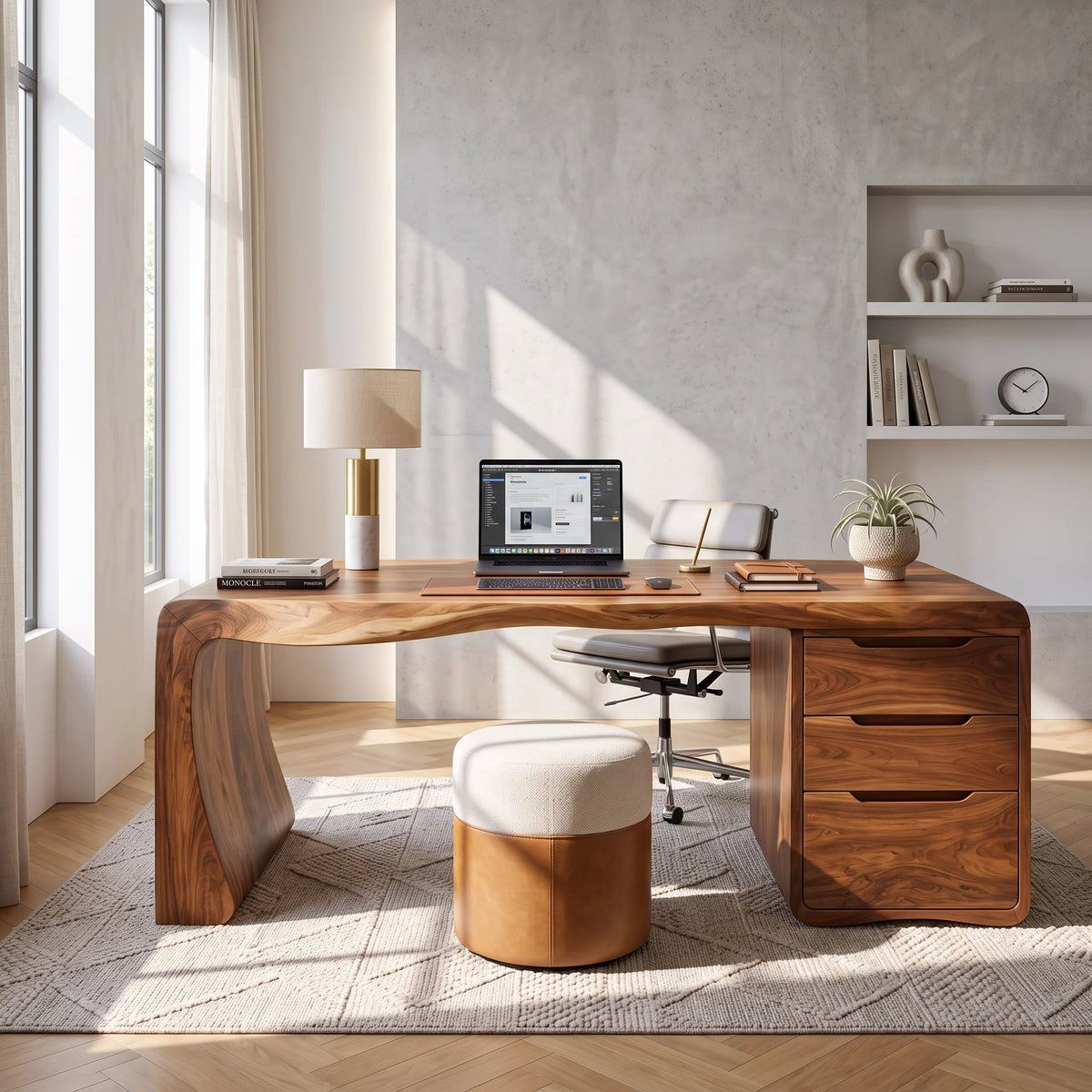 Organic Waterfall Solid Wood Desk with Three Drawers