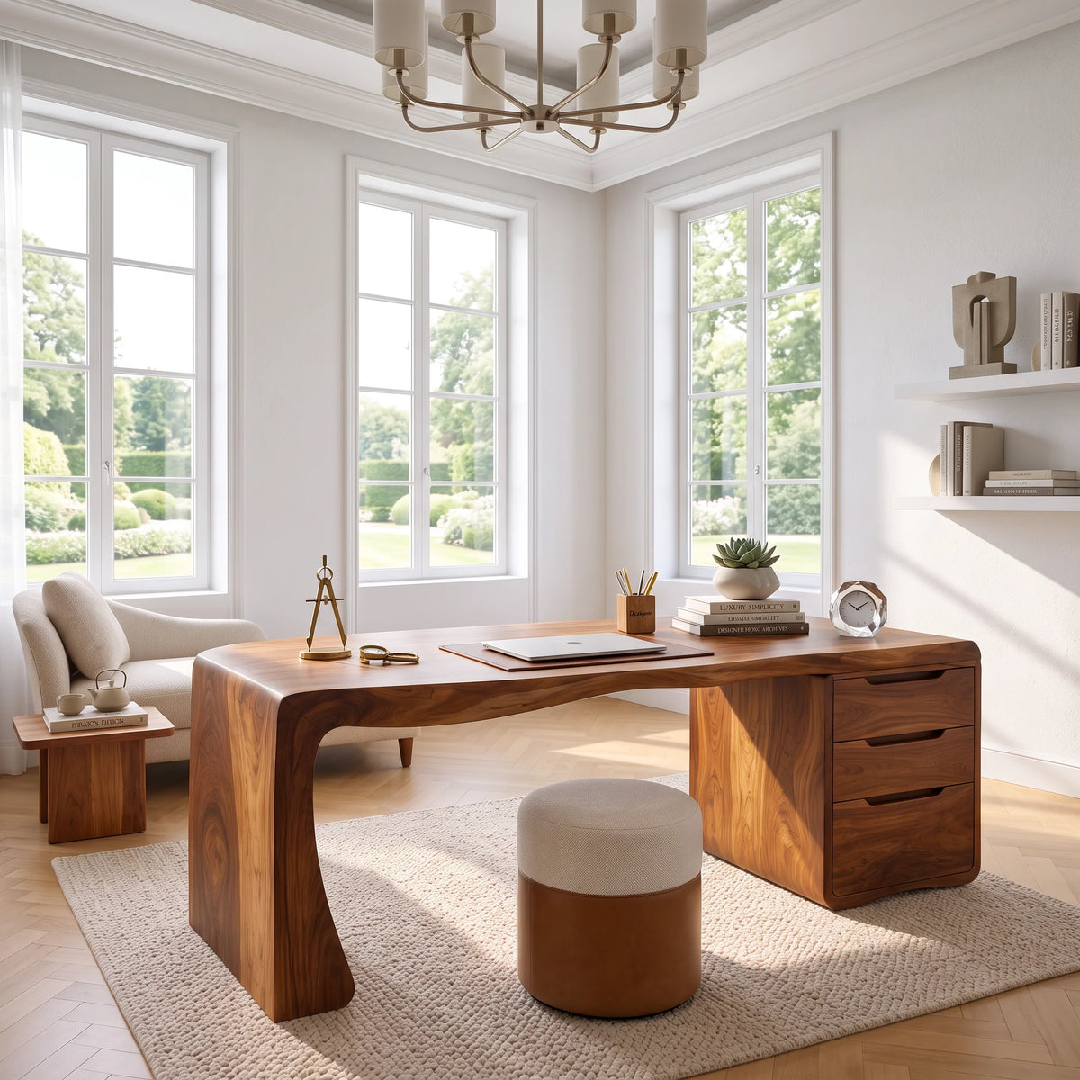 Organic Waterfall Solid Wood Desk with Three Drawers