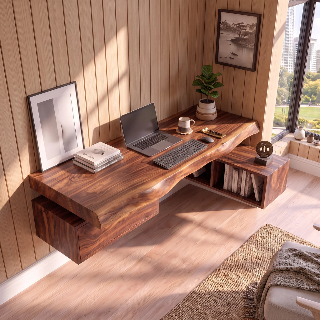 Floating Solid Wood Desk with Drawer and Open Shelf