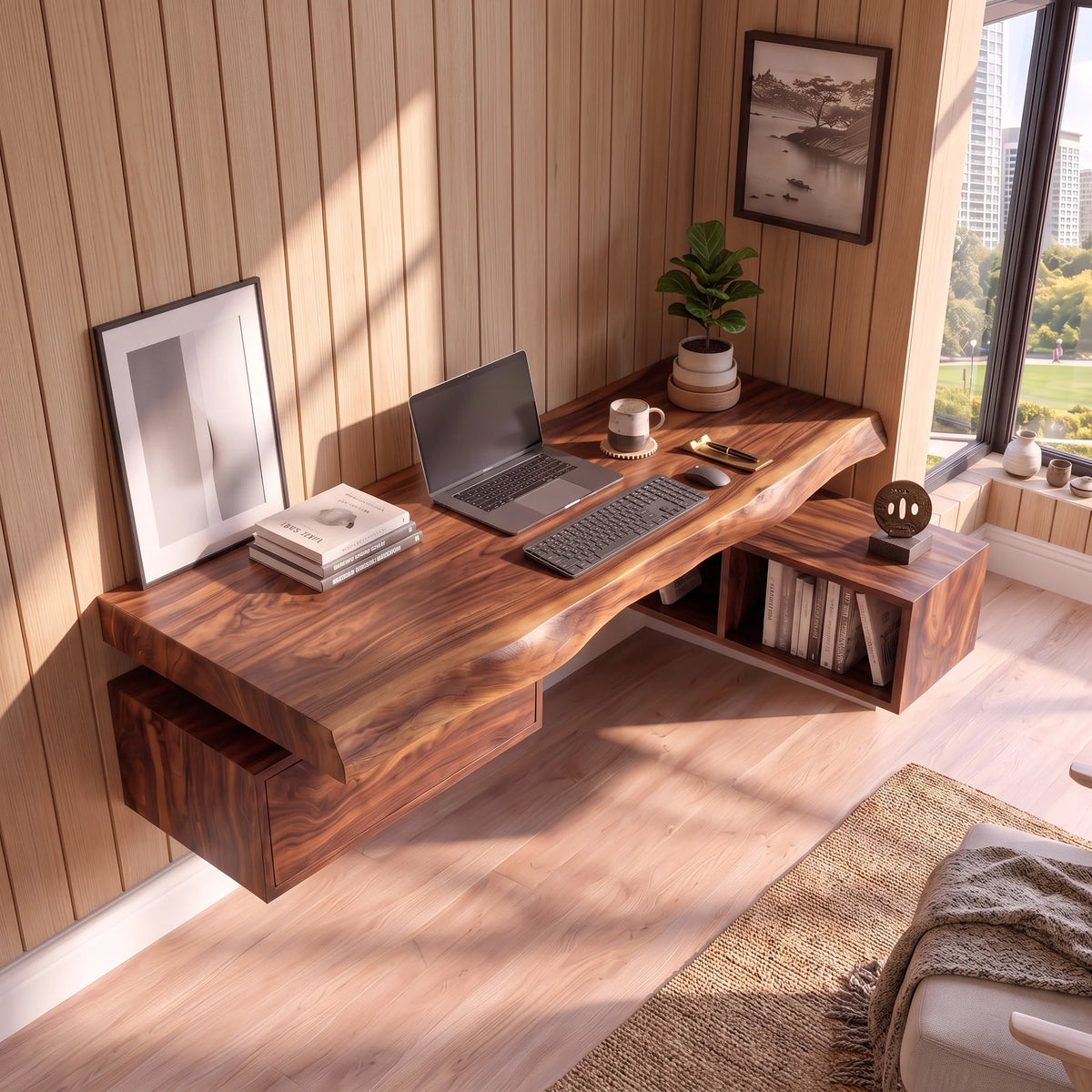 Floating Solid Wood Desk with Drawer and Open Shelf