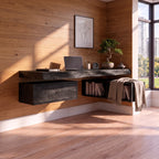 Floating Solid Wood Desk with Drawer and Open Shelf