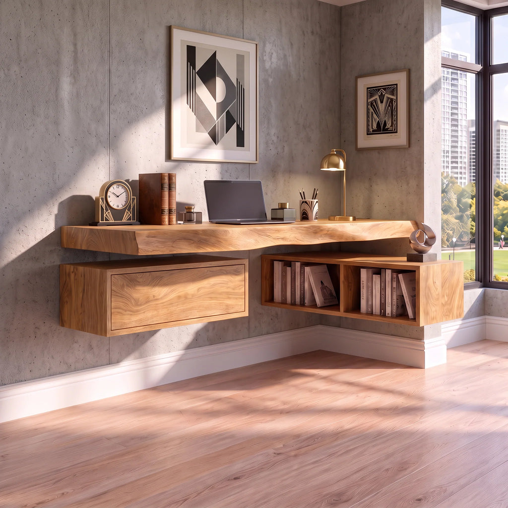 Floating Solid Wood Desk with Drawer and Open Shelf