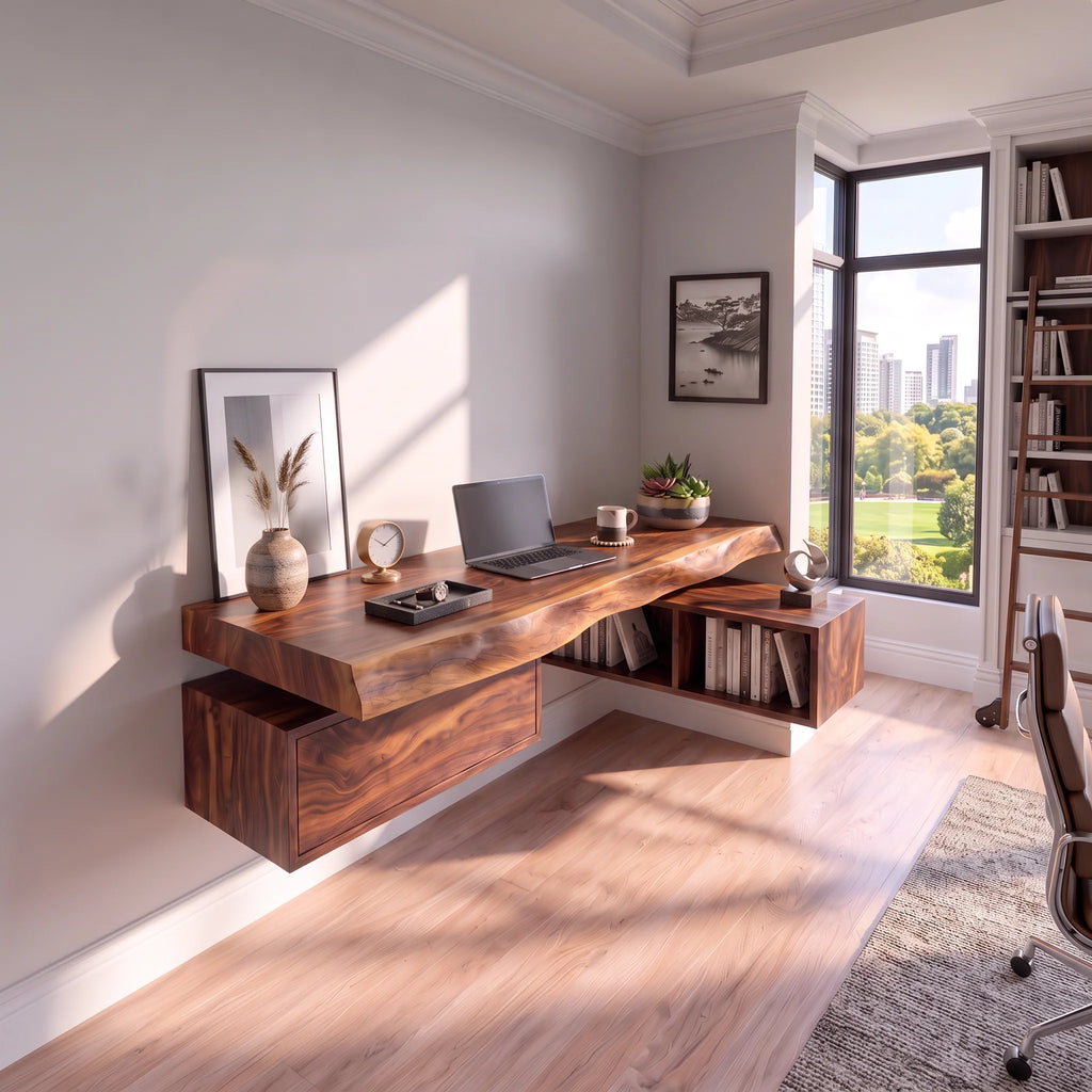 Floating Solid Wood Desk with Drawer and Open Shelf