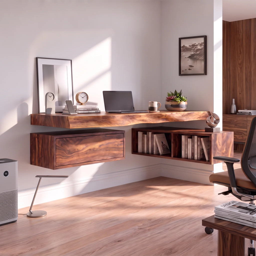 Floating Solid Wood Desk with Drawer and Open Shelf
