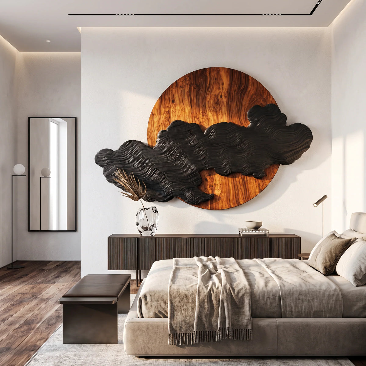 Solid Wood Wall Art – Silent Eclipse with Flowing Black Cloud Layers