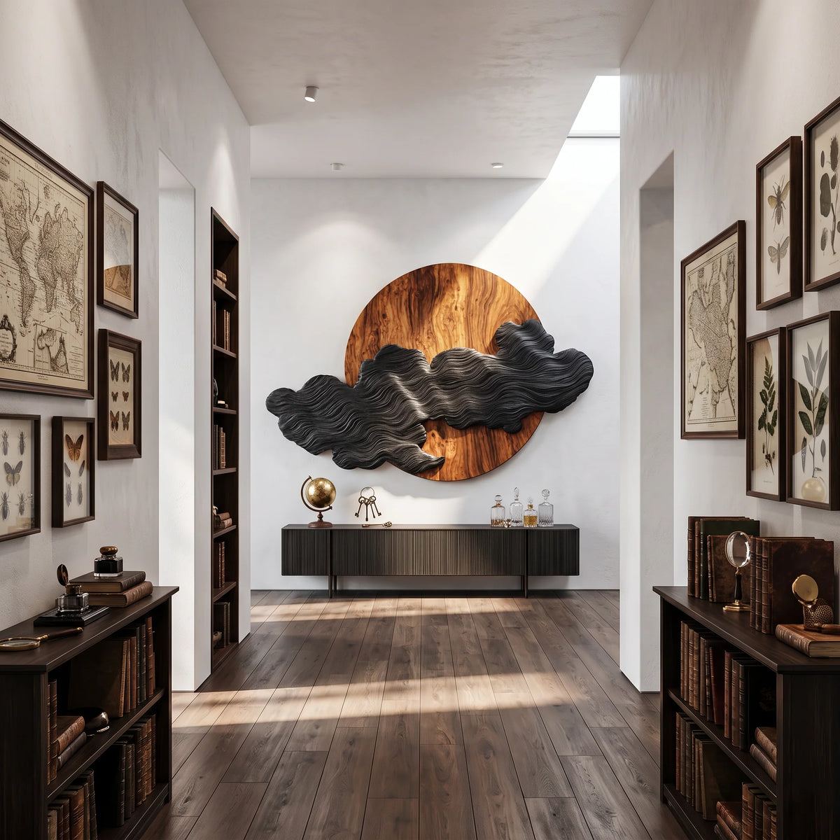 Solid Wood Wall Art – Silent Eclipse with Flowing Black Cloud Layers