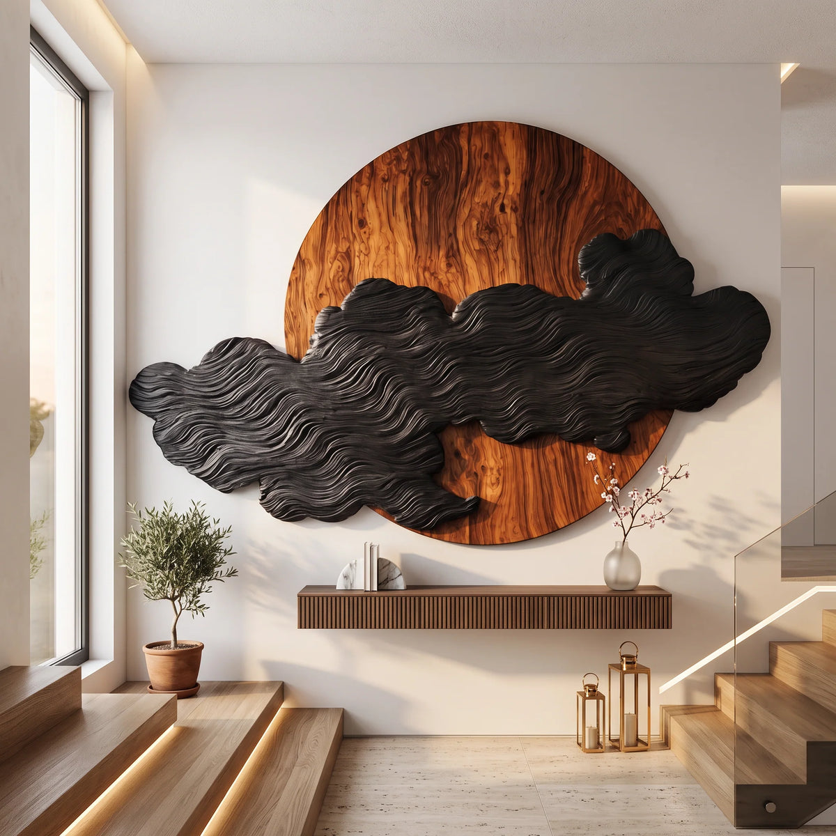 Solid Wood Wall Art – Silent Eclipse with Flowing Black Cloud Layers