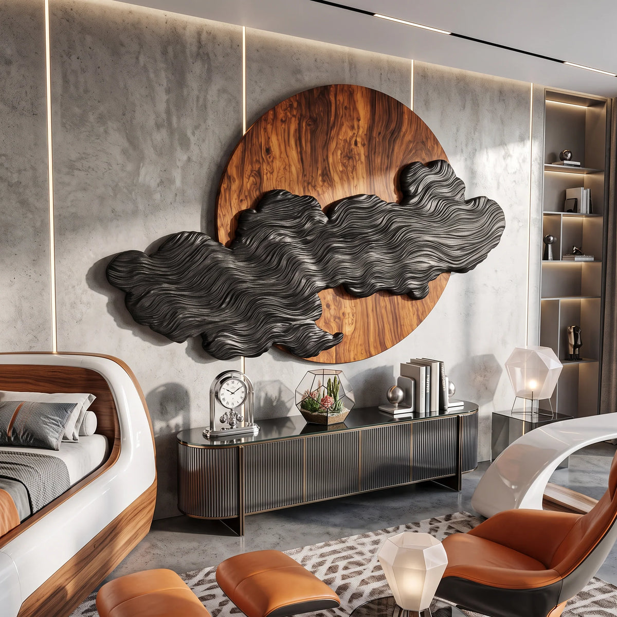 Solid Wood Wall Art – Silent Eclipse with Flowing Black Cloud Layers