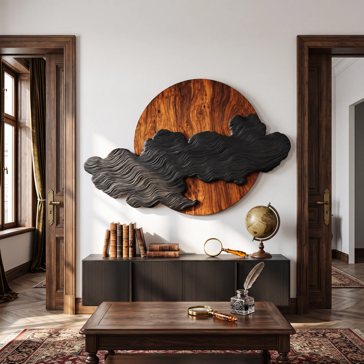 Solid Wood Wall Art – Silent Eclipse with Flowing Black Cloud Layers