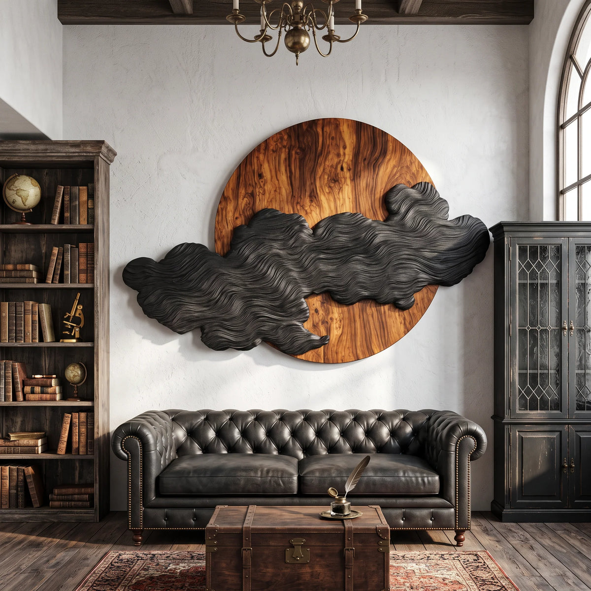 Solid Wood Wall Art – Silent Eclipse with Flowing Black Cloud Layers