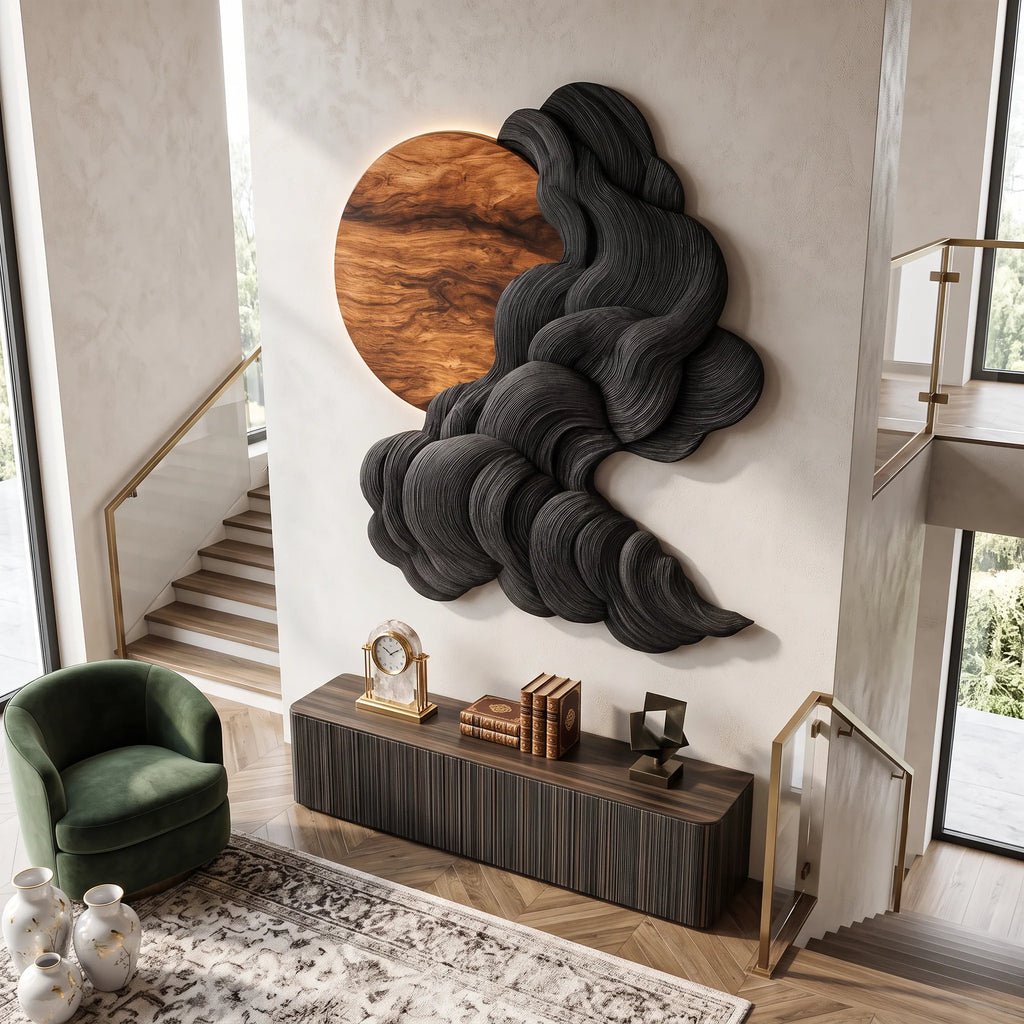 Solid Wood Wall Sculpture with Black Flowing Cloud Layers and Natural Wood Sun