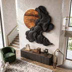 Solid Wood Wall Sculpture with Black Flowing Cloud Layers and Natural Wood Sun