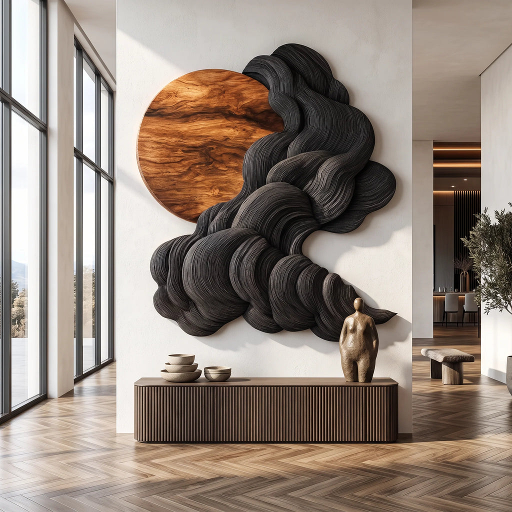 Solid Wood Wall Sculpture with Black Flowing Cloud Layers and Natural Wood Sun