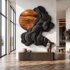 Solid Wood Wall Sculpture with Black Flowing Cloud Layers and Natural Wood Sun