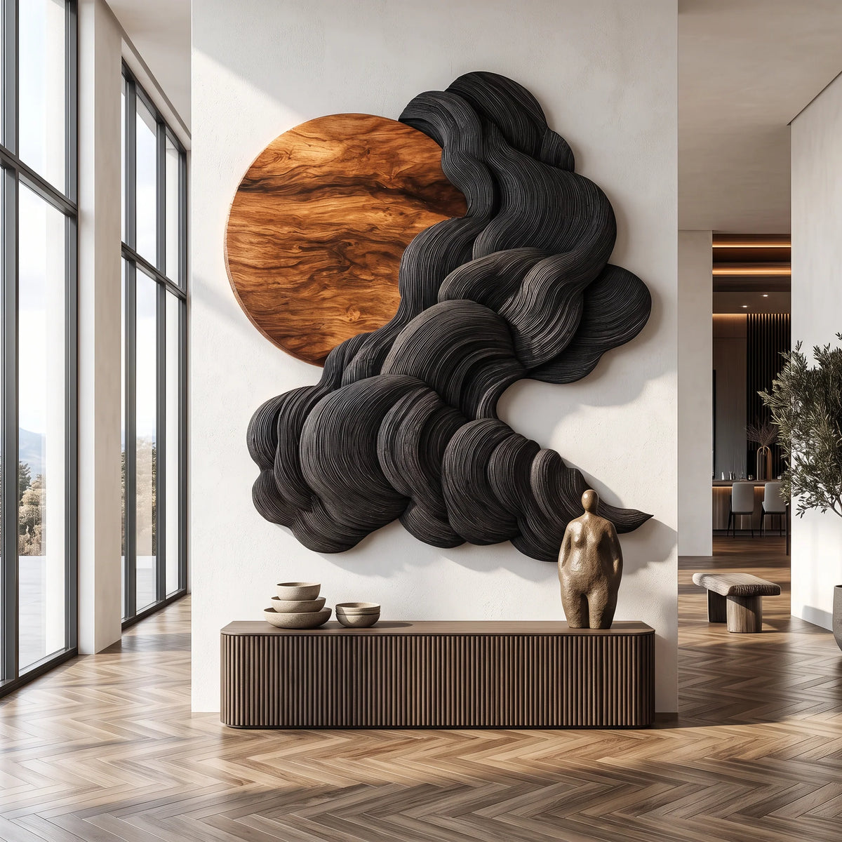 Solid Wood Wall Sculpture with Black Flowing Cloud Layers and Natural Wood Sun