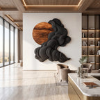 Solid Wood Wall Sculpture with Black Flowing Cloud Layers and Natural Wood Sun