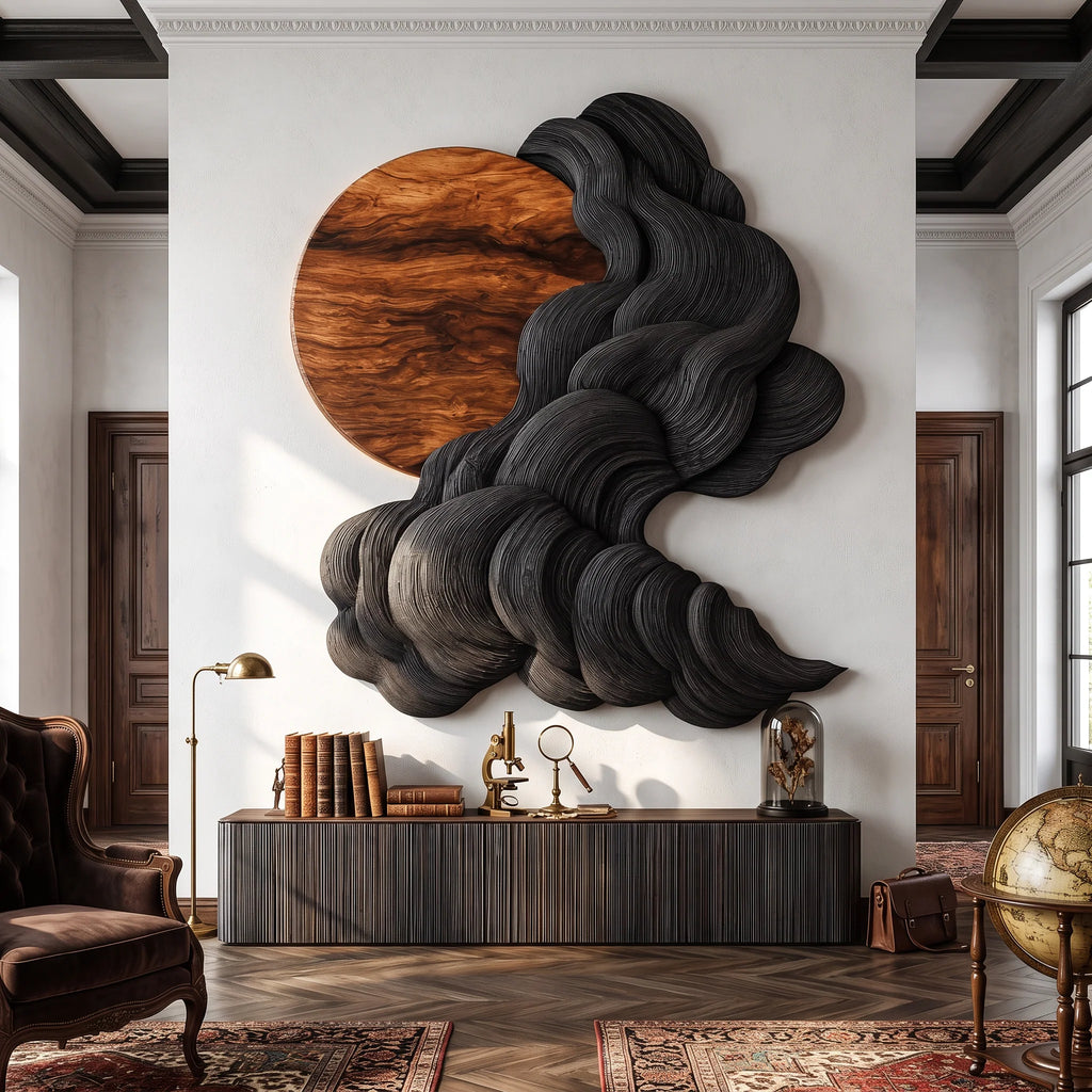 Solid Wood Wall Sculpture with Black Flowing Cloud Layers and Natural Wood Sun