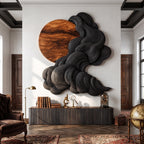 Solid Wood Wall Sculpture with Black Flowing Cloud Layers and Natural Wood Sun