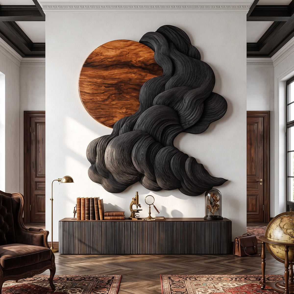 Solid Wood Wall Sculpture with Black Flowing Cloud Layers and Natural Wood Sun
