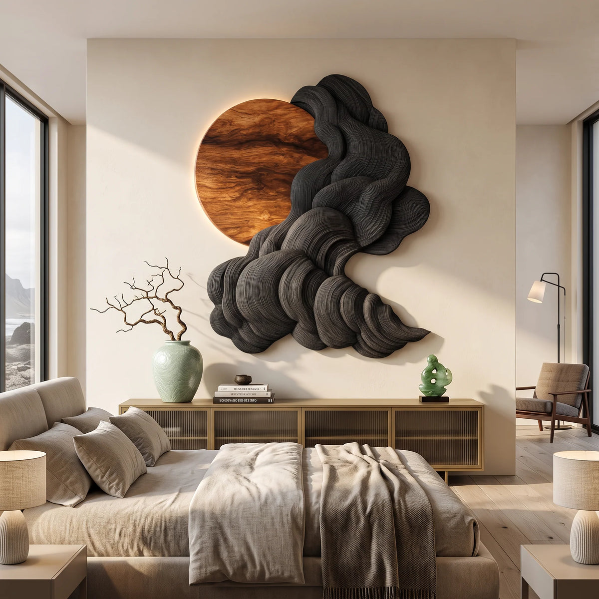 Solid Wood Wall Sculpture with Black Flowing Cloud Layers and Natural Wood Sun