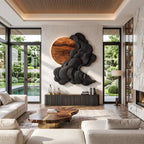 Solid Wood Wall Sculpture with Black Flowing Cloud Layers and Natural Wood Sun